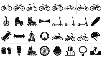 Comprehensive collection of 30 black vector icons featuring diverse personal transport modes such as bicycles, electric scooters, skateboards, rollerblades, and safety accessories. © VectorSuka