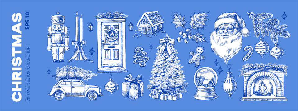 Christmas bundle with hand drawn holiday elements. Festive mood, elegant vintage design. Vector sketch illustration. Cristmas tree, mittens, Santa, candles, decorated door, fireplace, gift.