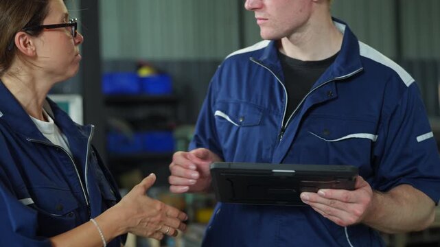 Caucasian man and woman performing an exam and repair service in an industrial workshop. Technical engineers testing machine equipment and communicating maintenance plans.