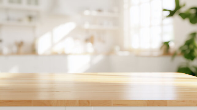 Smooth wooden countertop in foreground with a blurred bright white kitchen background.