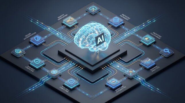 Artificial Intelligence Brain on Microchip Connected to Cybersecurity Cloud Database and Business Automation Nodes