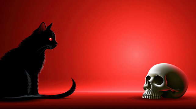 Black cat silhouette next to skull on red background, side view, eerie spooky scene, dramatic contrast