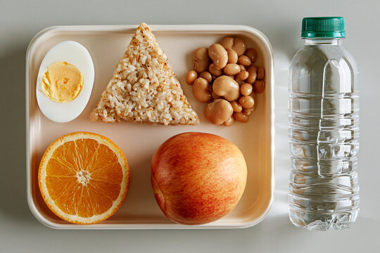 Rice snack egg fruit and water in Korean convenience meal