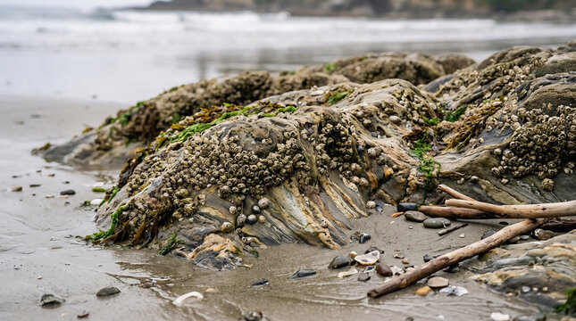 Close up of rocky coastal shore with barnacles and seaweed coastal landscape ocean coast