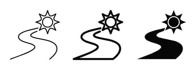 Obraz premium Journey to Success: Winding Path, Bright Sun Icon, Goal Achievement, Business Strategy, Forward Motion, Vector Art