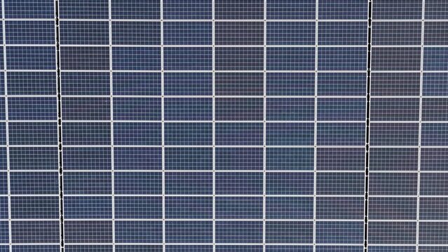 Aerial view of a large array of solar panels capturing sunlight for renewable energy generation in Denver, Colorado, United States.