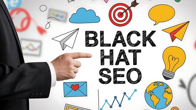A professional businessman points toward a visual representation of unethical internet optimization strategies and digital marketing growth tactics