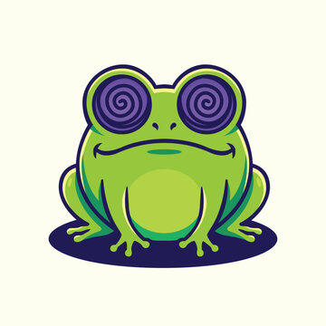 Hypnotic green frog character with purple spiral eyes vector illustration