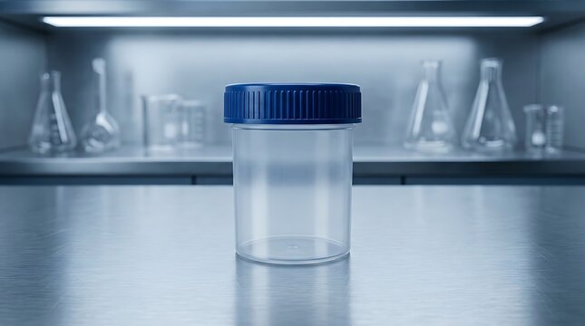 Empty plastic medical sample container with a blue lid standing on a clean metal table in a laboratory. spill-resistant containers