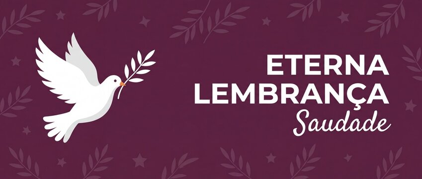 White dove peace olive branch memorial banner with Portuguese text Eterna Lembranca Saudade for funeral condolence background design, eternal memory card vector illustration, peace symbol banner.