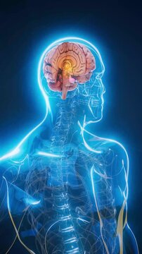 Conceptual 3D animation of a man's X-ray brain with hypothalamus and pituitary molecules