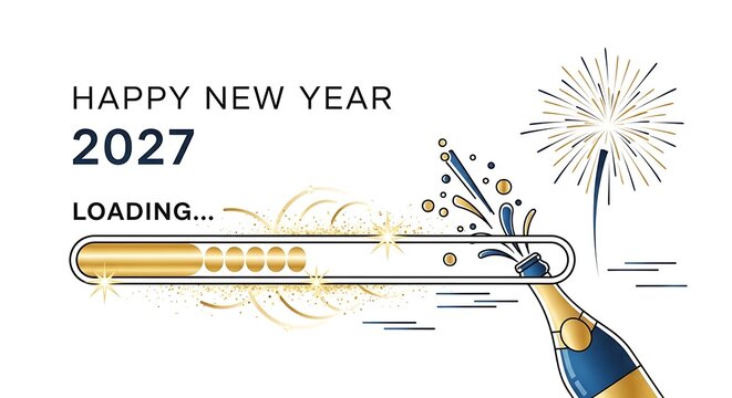 Happy new year 2027 celebration with champagne toast and fireworks vector illustration
