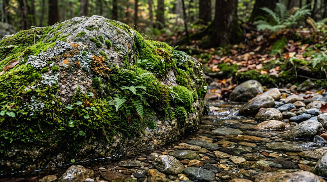 Large moss covered boulder near a babbling stream in a lush temperate forest with river rocks