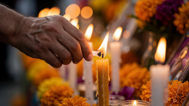 Close-up of a hand lighting a candle at a traditional memorial altar. Orange marigold flowers and petals surround the flame in a spiritual ofrenda tribute
