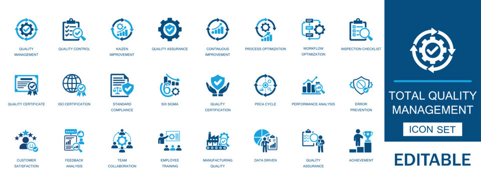 Total Quality Management & Quality Control Icon Set. Featuring assurance, TQM, certificate, inspecting, caterer, Six Sigma, process, methodology, auditing, performance, and quality control.