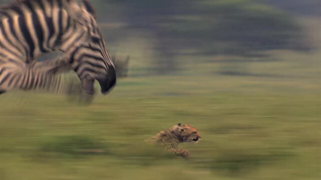 Zebras and cheetahs interact in a grassy savanna landscape