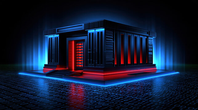Data center windowless building server room digital network neon light futuristic architecture technology data storage computer infrastructure