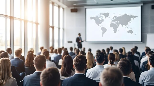 Business Conference Presentation in Modern Office with Audience Listening to Speaker and Large Projection Screen, Corporate Training, Seminar, Education, Meeting and Workplace Event