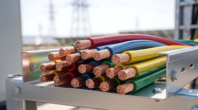 Colorful electrical copper wires and cables neatly arranged in tray.