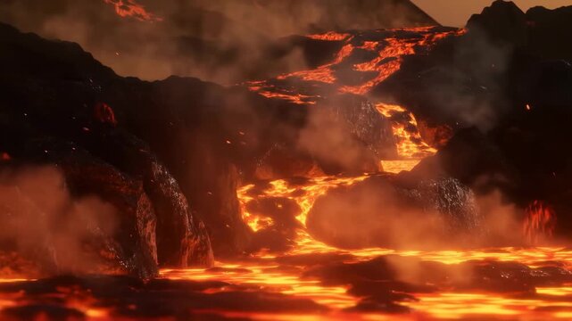 Flowing lava streams through dark volcanic rock as smoke and embers rise in a fiery landscape. Geology education, natural disaster documentaries, and fantasy film.