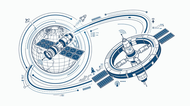 Space station and satellite network illustrating global communication infrastructure with orbital paths and signal transmission