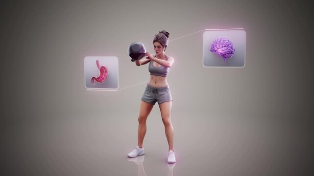 Conceptual 3D animation of a fit woman doing kettlebell exercise with benefits for the gut microbiome and brain