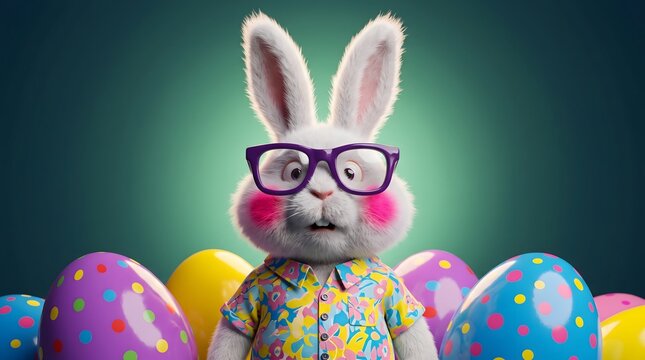 Cute white bunny wearing glasses surrounded by colorful patterned easter eggs.