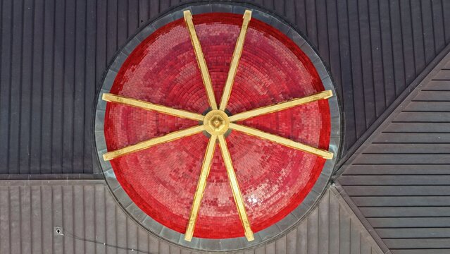 Aerial view of the iconic red tiled dome with gold ribs of the Colorado State Capitol building in Denver, Colorado, United States.
