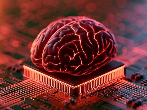 Artificial brain neural chip circuit board microchip red light glowing technology processor digital computer intelligence machine learning deep learning data network synthetic futuristic