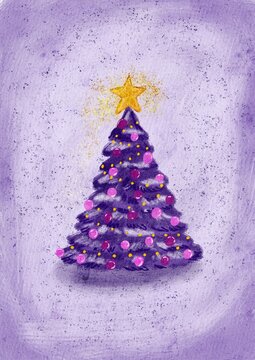 Watercolor whimsical christmas advent calendar illustration featuring a decorated purple christmas tree with a glowing golden star on top. Ideal for holiday greeting cards.