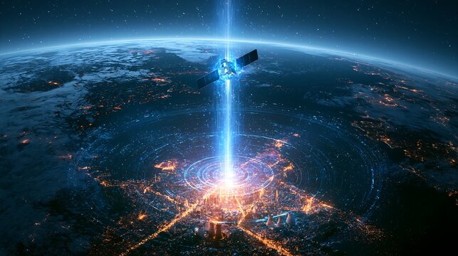 Satellite in earth orbit transmitting a powerful blue laser beam to the ground