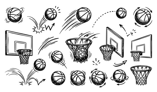 Dynamic Basketball Hoop and Net Doodle Hand Drawn Sports Vector Illustration Set