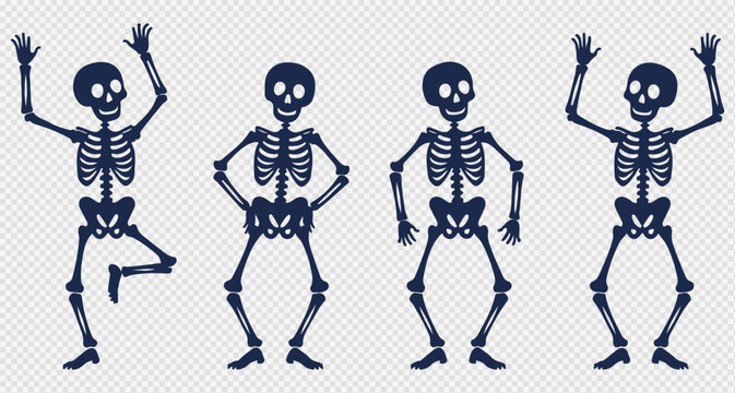 Halloween skeleton silhouettes set. Dancing human bone characters in funny poses. Dark blue spooky anatomy vectors for party decor.