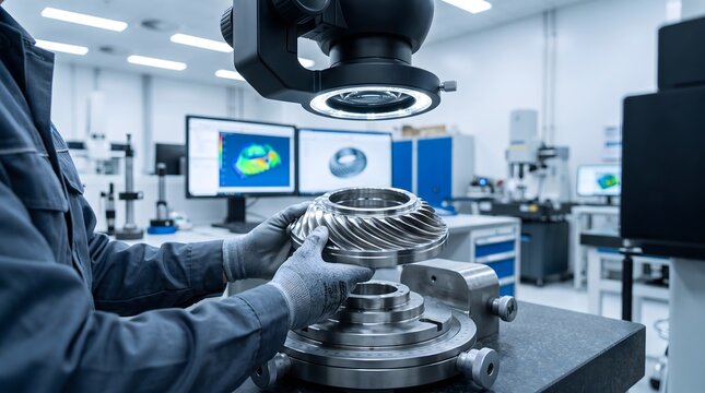 Engineer inspecting turbine part with optical comparator.