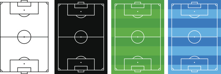 Football pitch layouts including plain line art solid black and green and blue field textures for coaching strategy and planning. © Aposh003