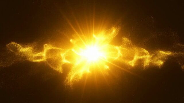 Golden energy particles swirl around a radiant light burst in dark abstract space. Title sequence, technology presentation, and luxury brand opener.