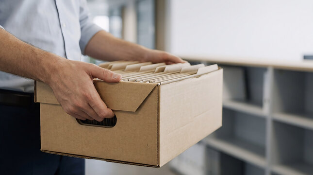 Office worker carrying a cardboard box filled with archived paper files