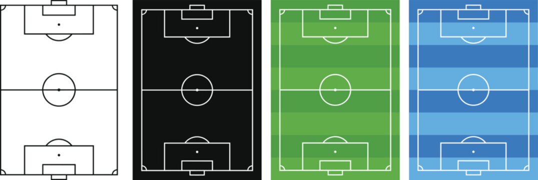 Football pitch layouts including plain line art solid black and green and blue field textures for coaching strategy and planning.