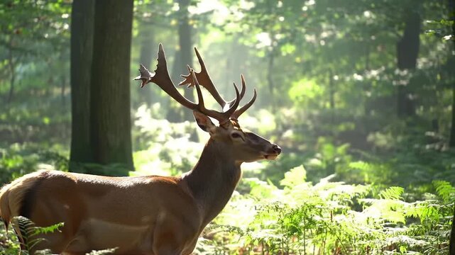 Majestic fallow deer buck with large antlers standing peacefully in a sunny green forest