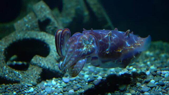 Vibrant purple cuttlefish swimming gracefully over a pebbled seabed in a dark aquarium