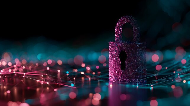 Glowing pink padlock forming from digital network, abstract representation symbolizing data protection, cybersecurity, and secure network concepts