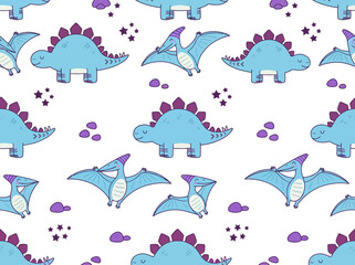 Cute blue dinosaur seamless pattern with stegosaurus and pterodactyl © tabtibi