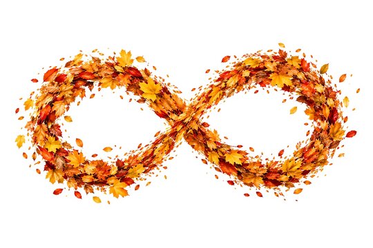 An infinity symbol formed from autumn leaves creates a vibrant watercolor pattern on a white background fall foliage leaf endless