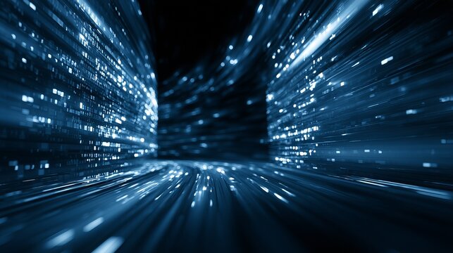 Abstract digital tunnel with luminous particles rushes forward, creating a dynamic perspective, representing futuristic data streams and technological innovation
