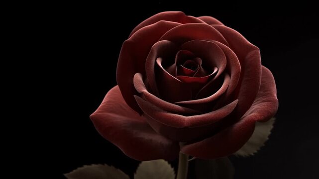 Red rose slowly opens in close-up against a dramatic black background. Romantic greeting cards, wedding promotion, and valentine campaigns.