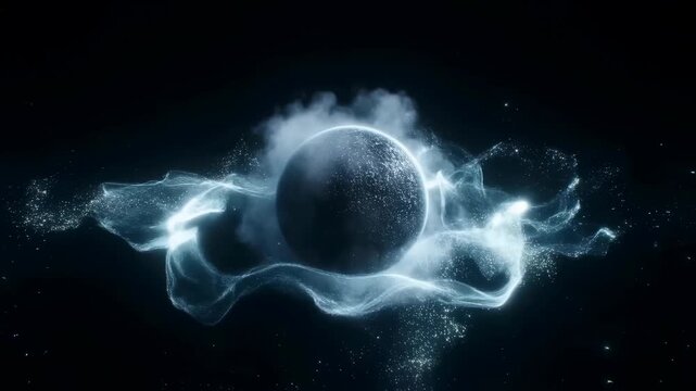 Glowing energy sphere with swirling particles in dark abstract space. Technology presentations, energy industry advertising, and science education.