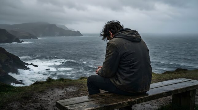 Sad and lonely man sitting on a wooden bench looking at the stormy sea and cliffs  