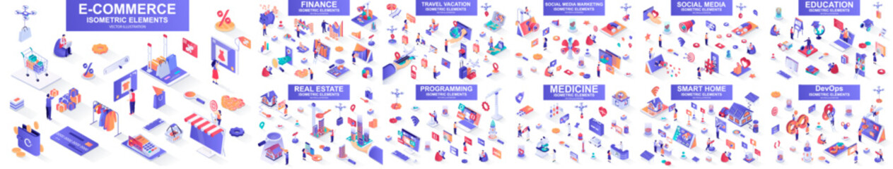 Fototapeta na wymiar Mega set of vector isometric elements. Contains such DevOps, e-commerce, education, finance, medicine, programming, social media, travel, smart home and more. Bundle isometry vector illustrations.