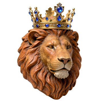 [Transparent Background PNG]Carved Lion Head Wearing a Golden Crown with Blue Gems
