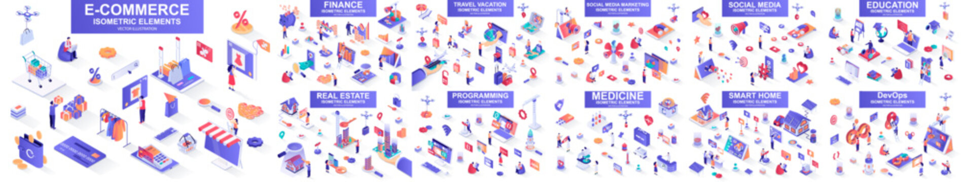 Mega set of vector isometric elements. Contains such DevOps, e-commerce, education, finance, medicine, programming, social media, travel, smart home and more. Bundle isometry vector illustrations.